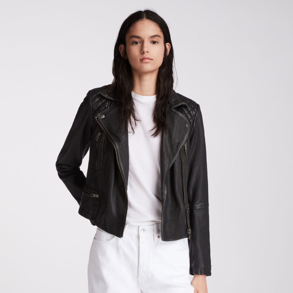 All Saints Cargo Leather Biker Jacket in Women